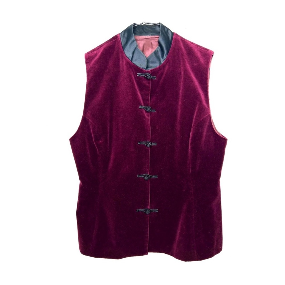 Vintage 90s ESPRIT Velvet Chinoiserie Vest Plum Purple Frog Closures Black Satin